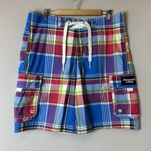 Abercrombie Fitch Swim Shorts Mens Extra Large Cargo‎ Board Plaid Blue Red Green
